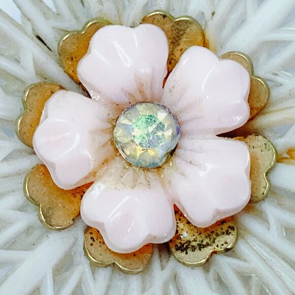 VTG Signed Coro 1950s Earrings Mid Century Thermoplastic Floral AB Rhinestones - Picture 4 of 13